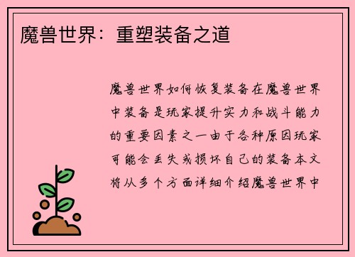 魔兽世界：重塑装备之道